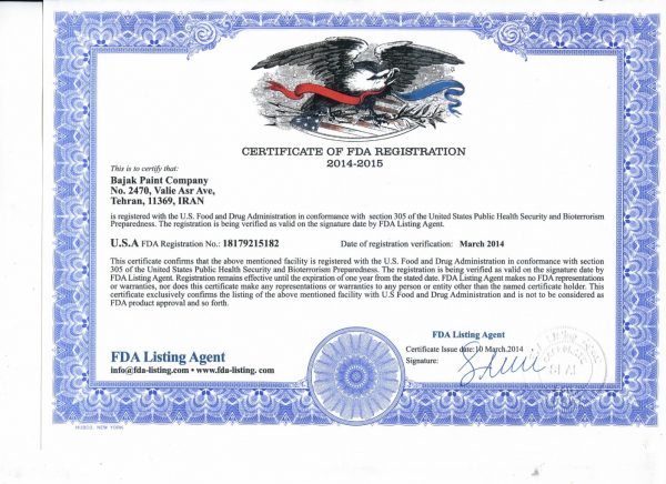 certificate of FDA registration 2014-2015